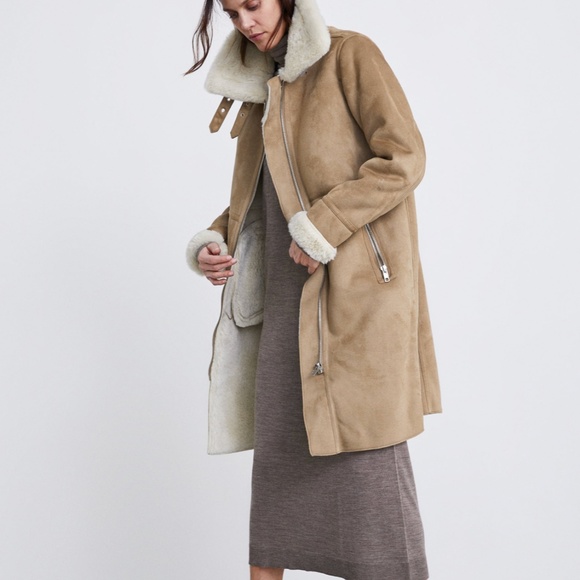 ZARA Fur Suede Long Biker Coat:Camel, US L/EUR L - Picture 4 of 12